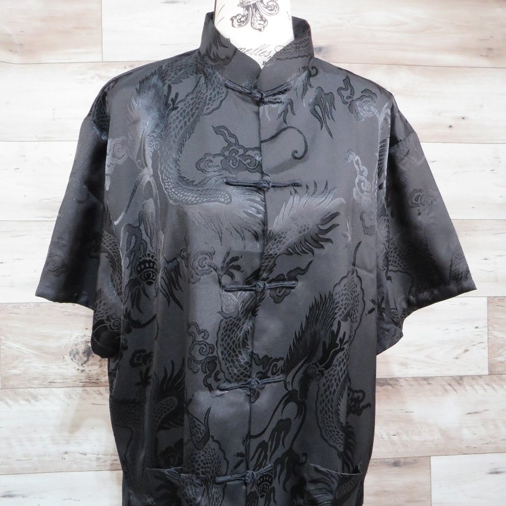 Black Dragon* Women's Short Sleeve Curved Hem Asian Button Down Blouse~ Size XXL